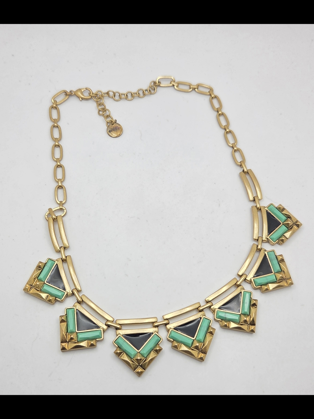 Stella & Dot Art Deco Statement Necklace Gold Tone Green Black Geometric 21" - Picture 9 of 16